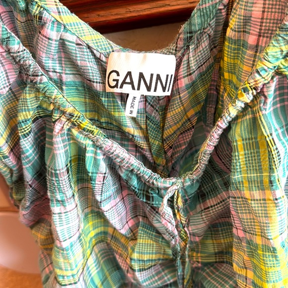 Ganni Womens Medium Ruched seersucker midi Plaid Casual Country Cottage Dress - Picture 4 of 5